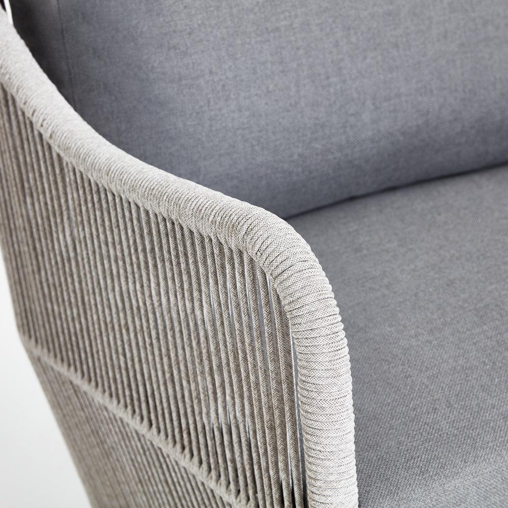 Natural - Marine Layer Loveseat,teak leg, aluminum frame, grey cushions,smooth armrest design, rope detailed view-Sunsitt Signature