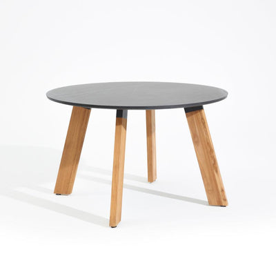 Natural -Round Laguna Dining Table, teak wood legs, sintered stone tabletop, aluminum frame, front angle-Sunsitt Signature