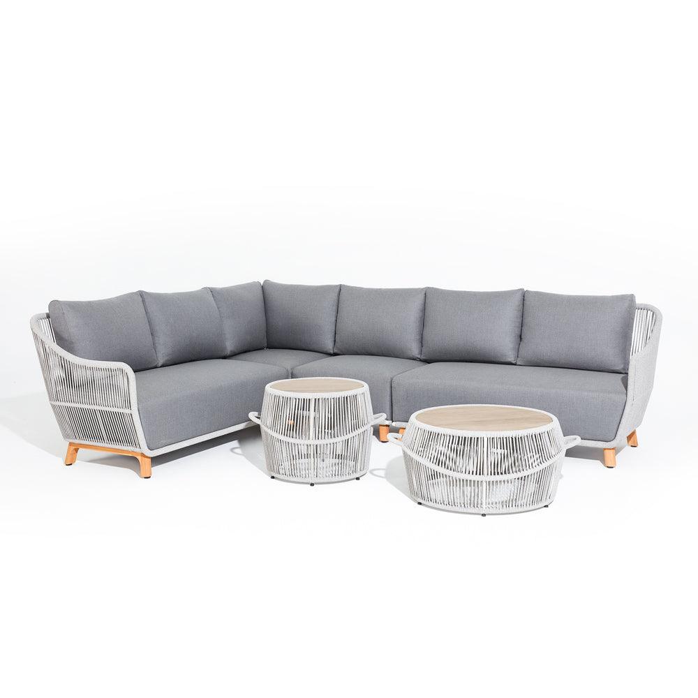 Plena L-shaped conversation set, gray wicker and teak Patio Sectional Set, two tables, 2 sofas, 2 single sofa,teak leg, aluminum frame, grey cushions - Sunsitt Modern Outdoor Patio Furniture