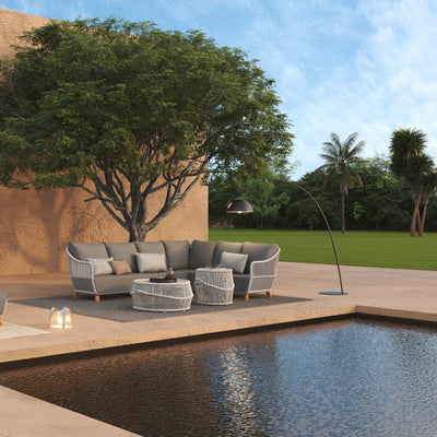 Natural - Sectional Set, two tables, 2 sofas, 2 single sofa,teak leg, aluminum frame, grey cushions, in the outdoor garden, beside a pool, under the big tree- Sunsitt Signature