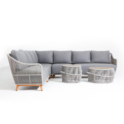 Natural - Sectional Set, two tables, 2 sofas, 2 single sofa,teak leg, aluminum frame, grey cushions, front view- Sunsitt Signature