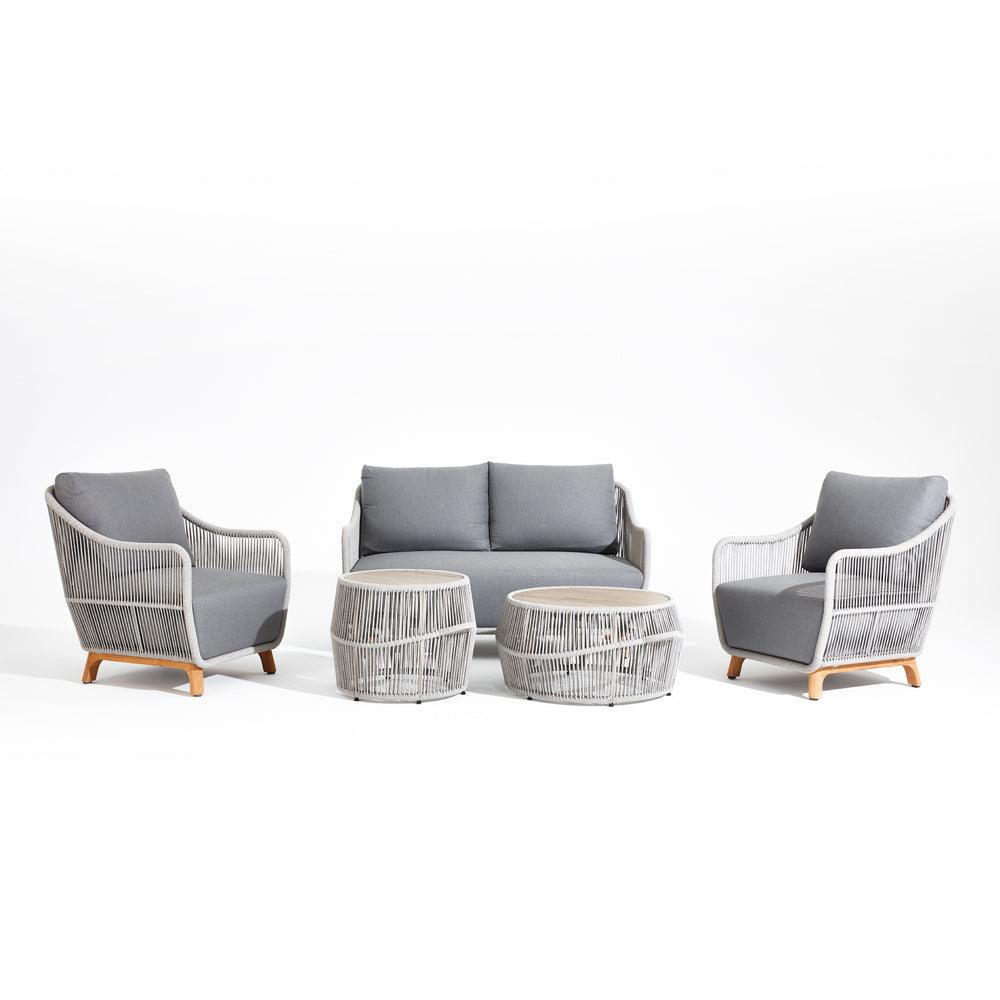 5-piece patio converstaion set, two tables with ceramic tempered glass, 1 loveseat, 2 single lounge chairs,teak leg, aluminum frame, grey cushions,grey rope, white background - Sunsitt Modern Outdoor Patio Furniture