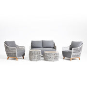 5-piece patio converstaion set, two tables with ceramic tempered glass, 1 loveseat, 2 single lounge chairs,teak leg, aluminum frame, grey cushions,grey rope, white background - Sunsitt Modern Outdoor Patio Furniture
