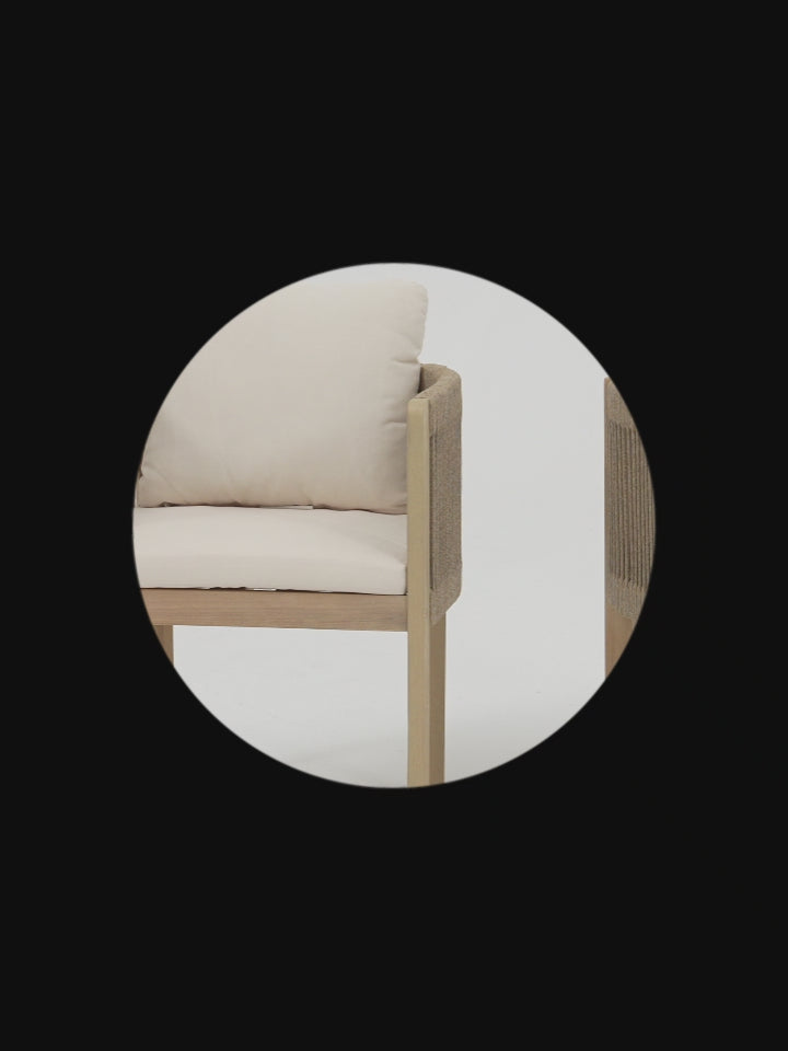 Load video: Foristern Wooden Patio Dining Chairs With Rope Weaving, White Cushions, Set of 2/4/6