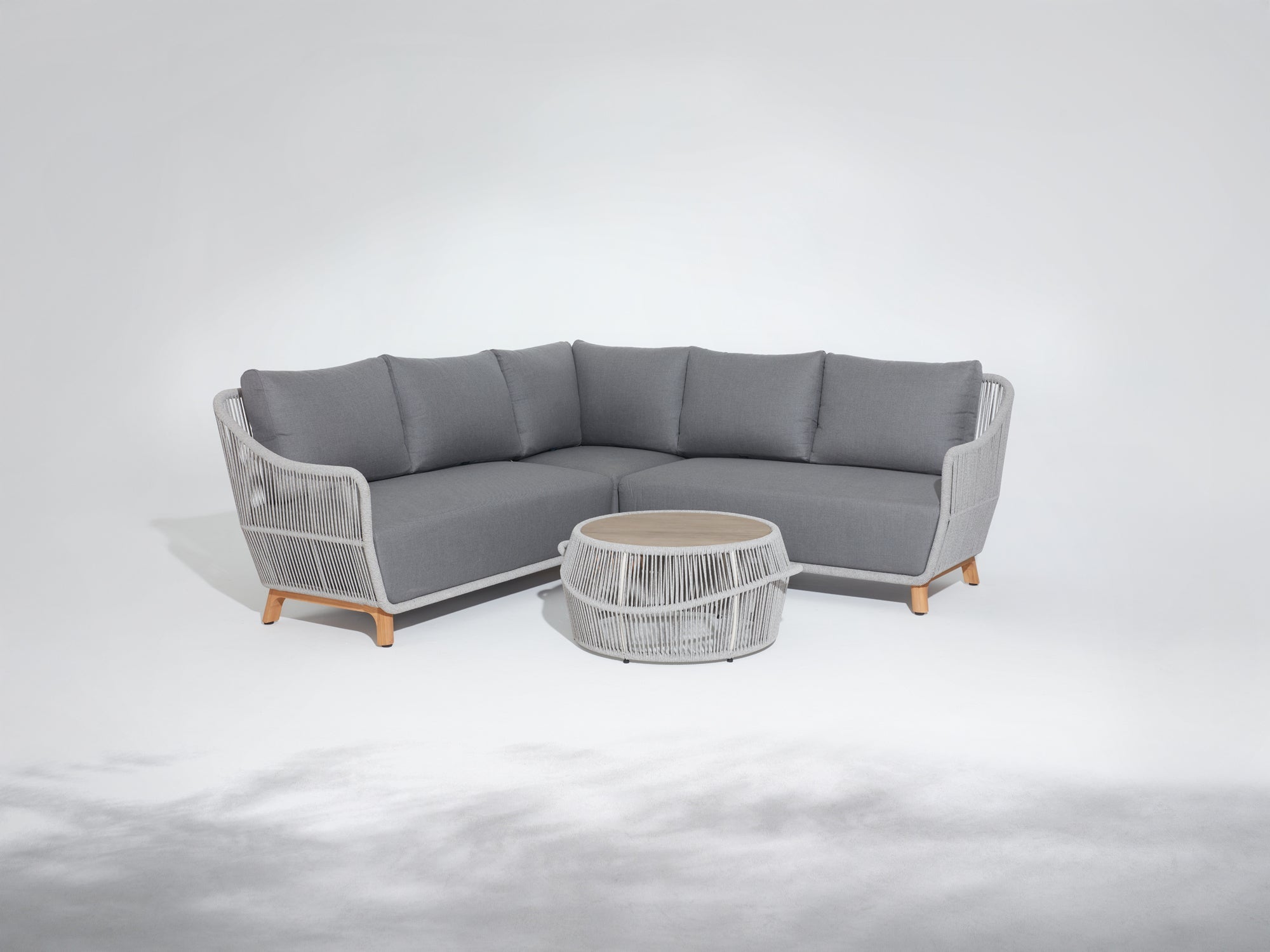 Plena L-Shaped Outdoor Sectional Set - Teak Wood & Handwoven Rope, Gray