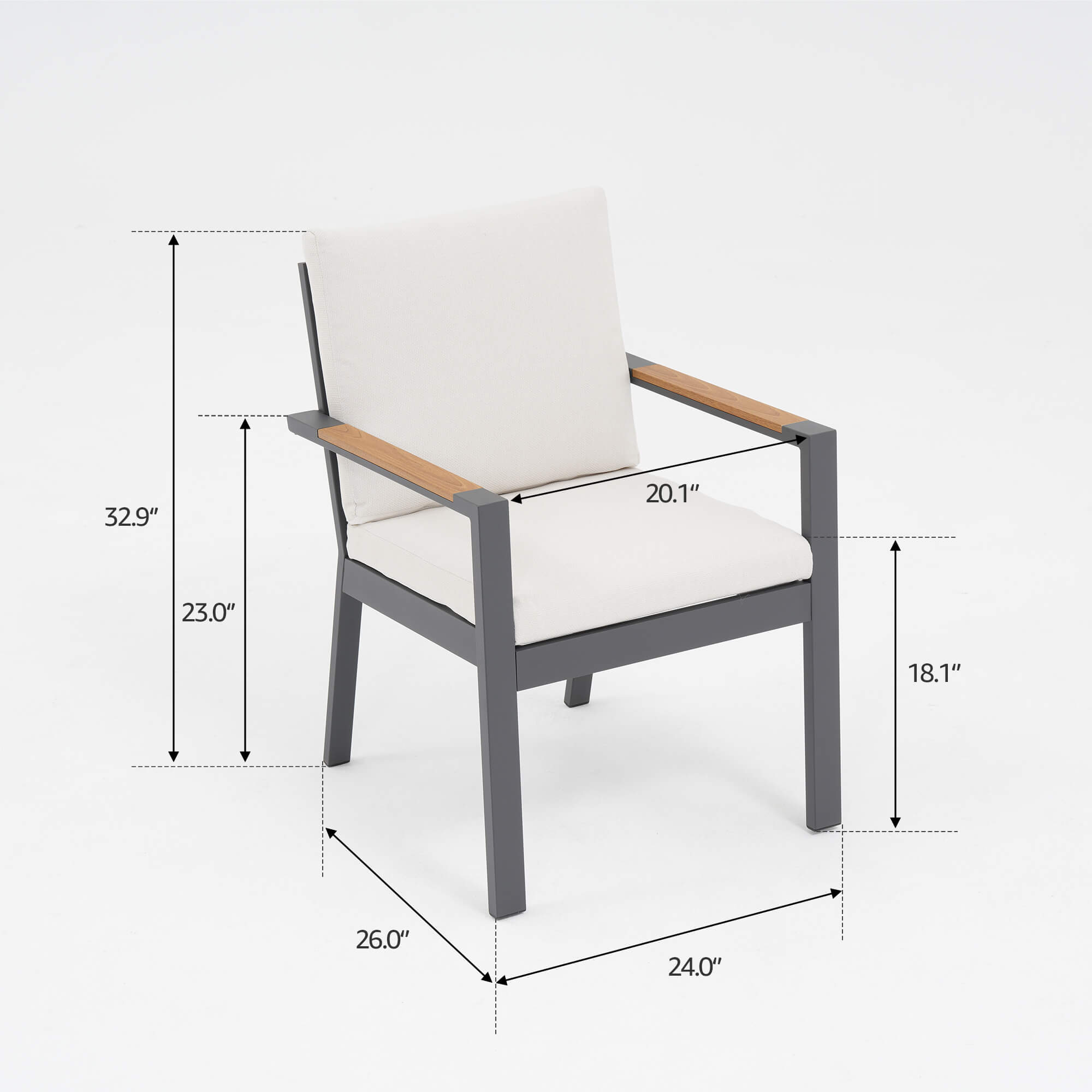 Addison Outdoor Aluminum Dining Chairs, Dark Grey Frame, Wood Armrest, Set of 2/4/6