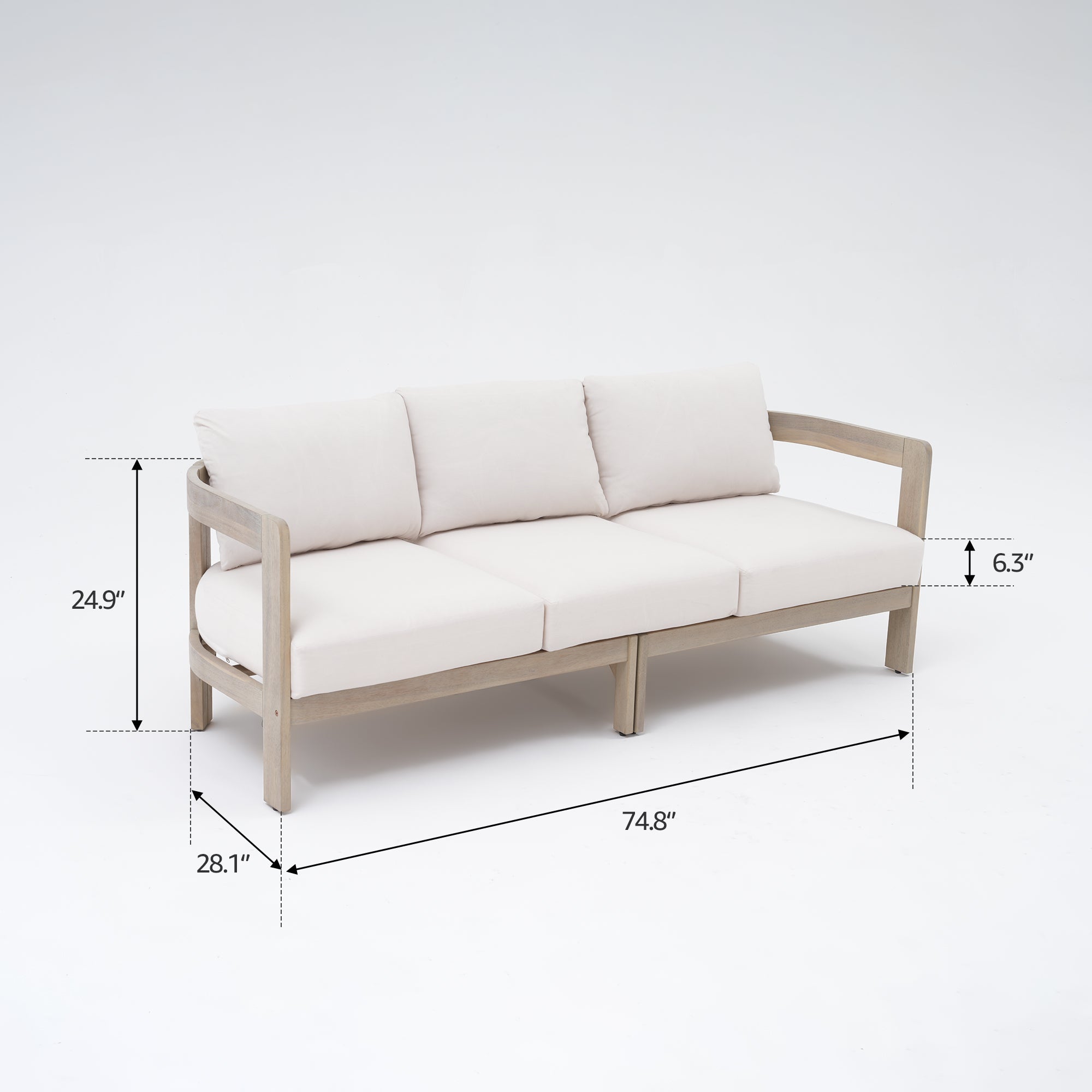 Cali Outdoor Wooden Sofa Set, Light Beige Fire pit & 6.3" Thick Cushions, 4-7 Seats