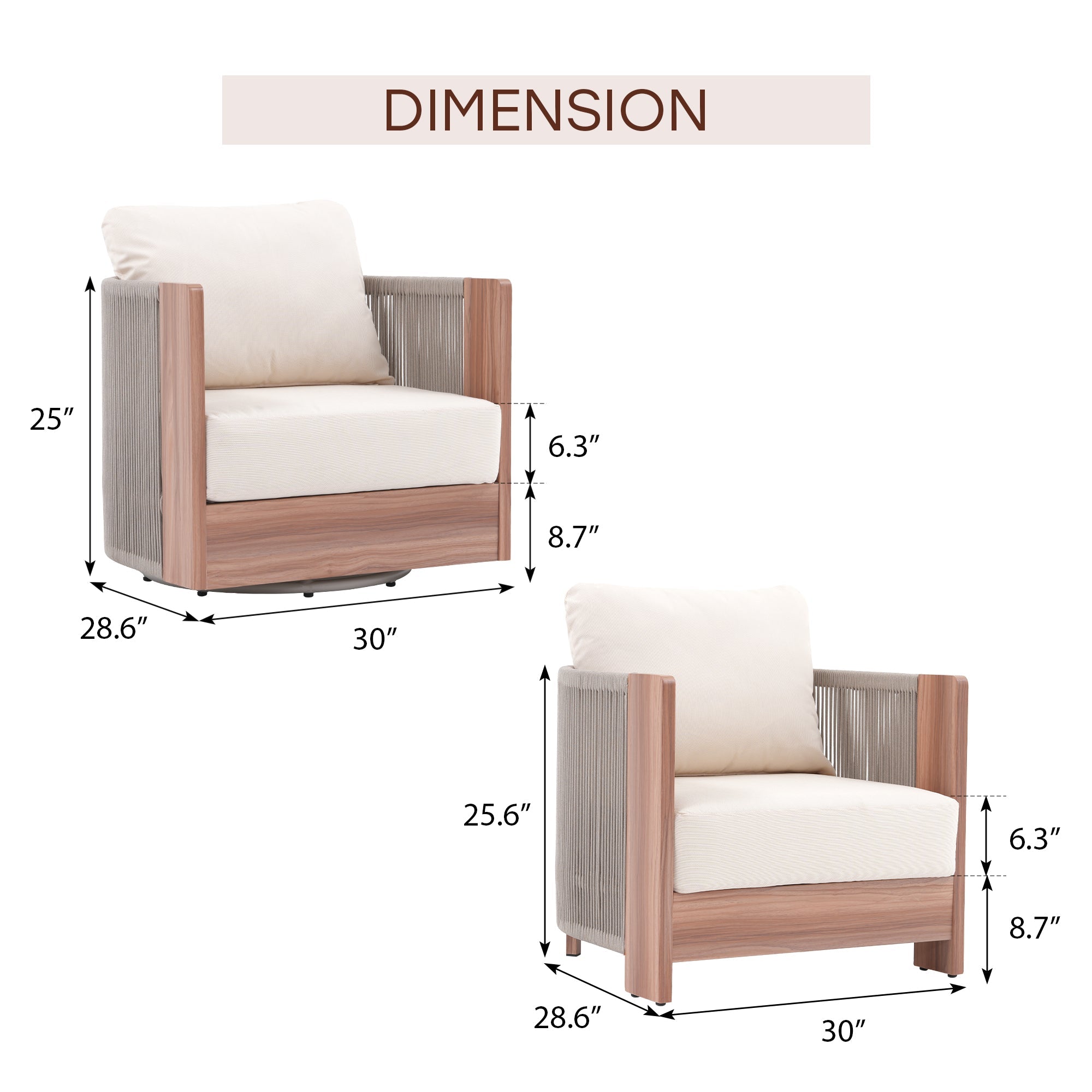 Dimensions of wooden armchair and swivel chair