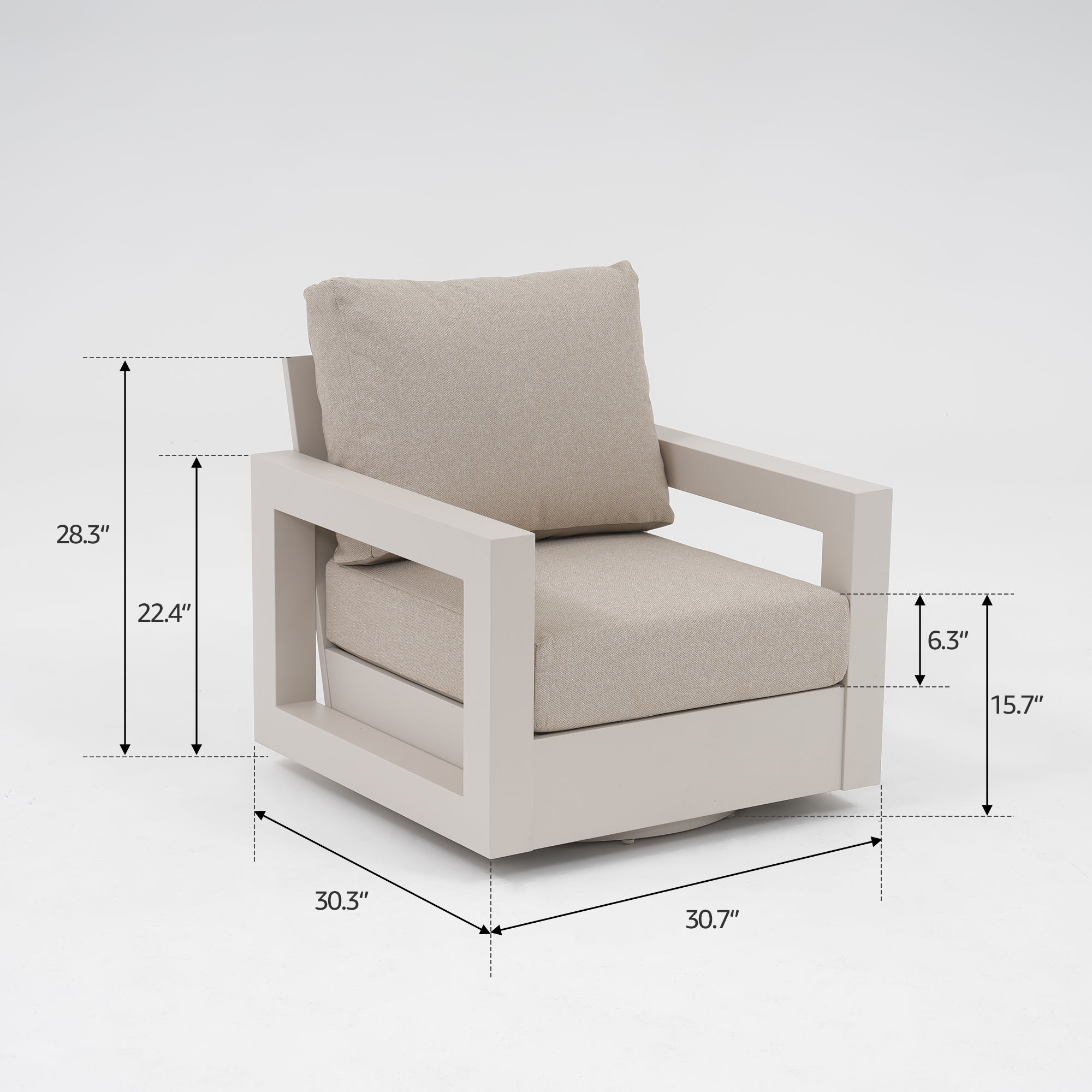 Vela Aluminum Outdoor Swivel Chairs with Table, Linen Cushions & Light Beige Frame