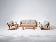 5-pc Modern outdoor furniture oconversation set with wooden frames and white cushions