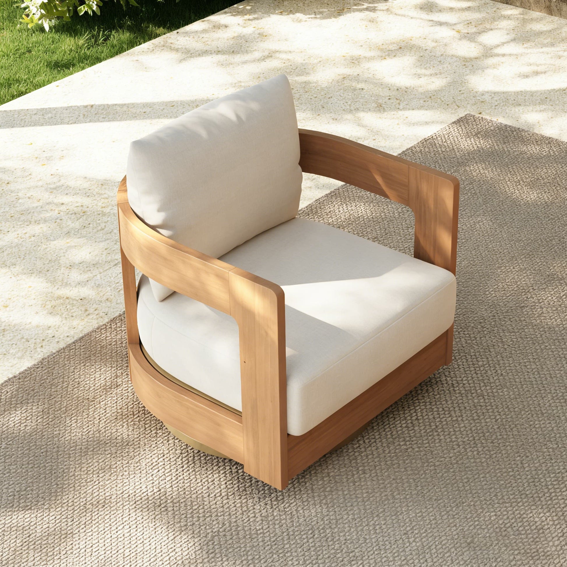 Wooden swivel chair with white cushions