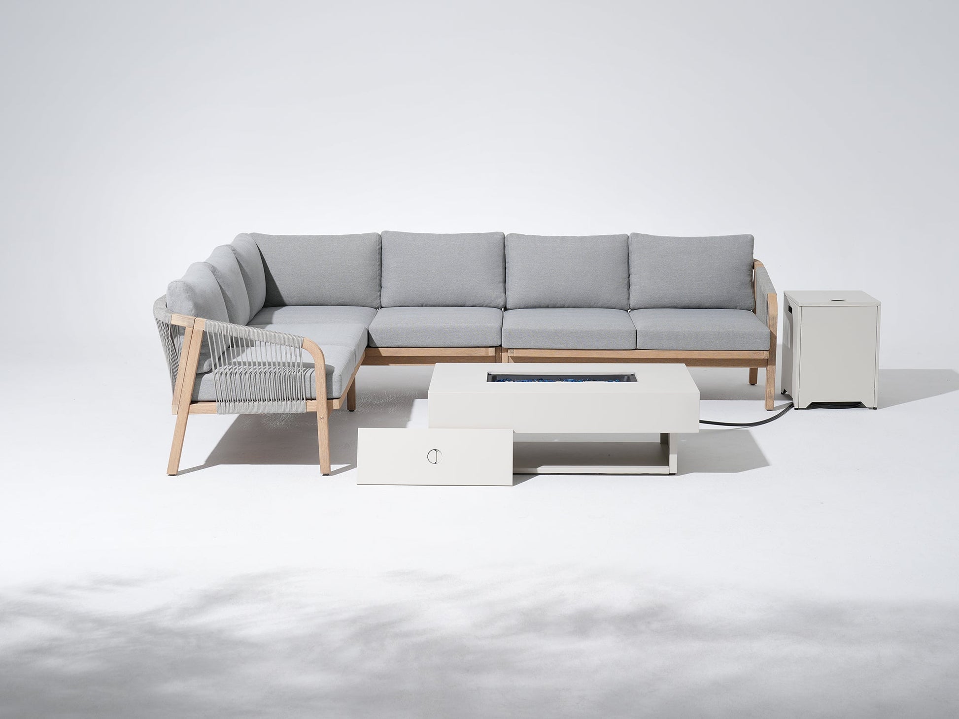 Modern outdoor furniture set with fire table, L-shaped outdoor sectionals for 5 people- Sunsitt outdoor patio furniture