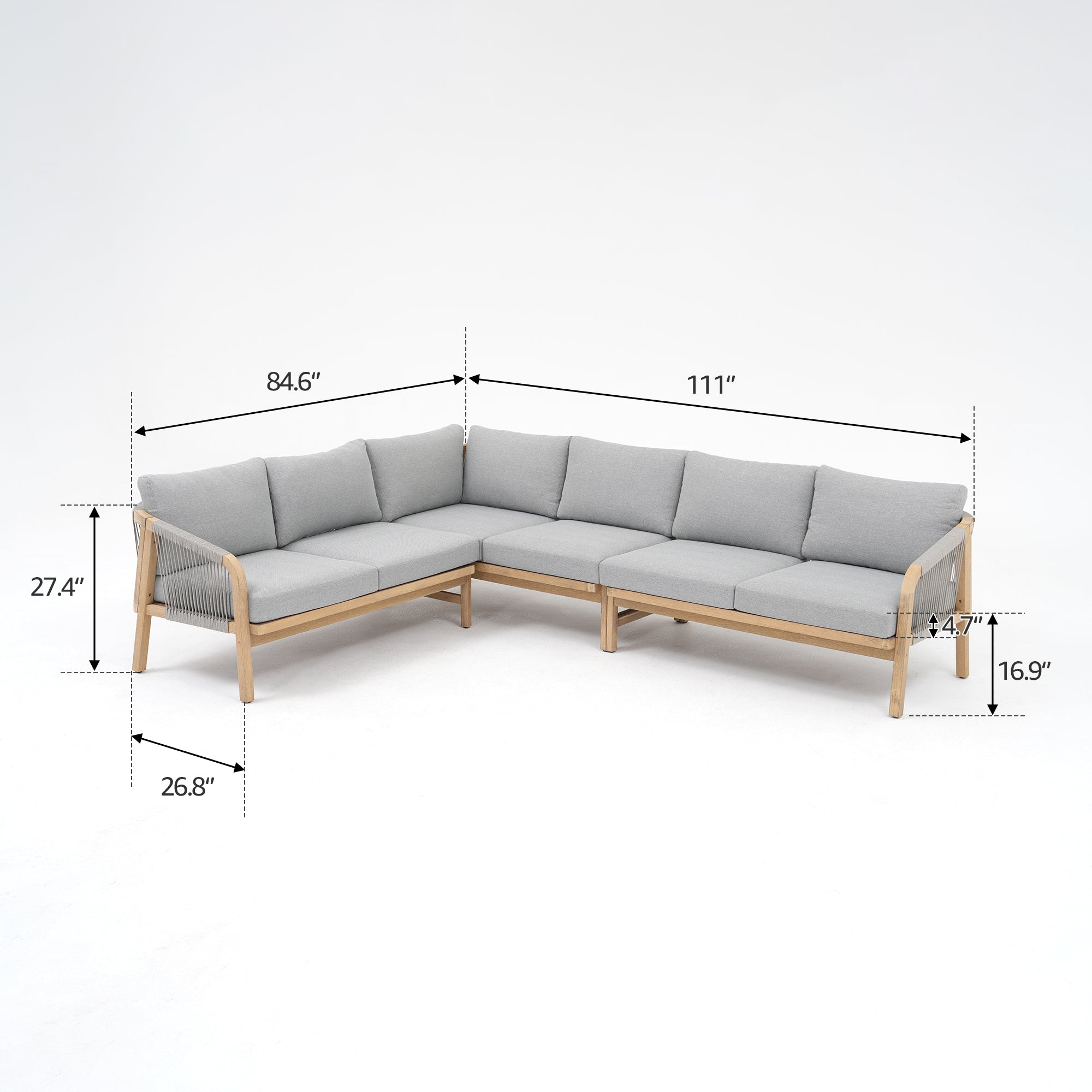 Thalea Wooden L-shaped Sectional Set with Fire Pit, Rope Design