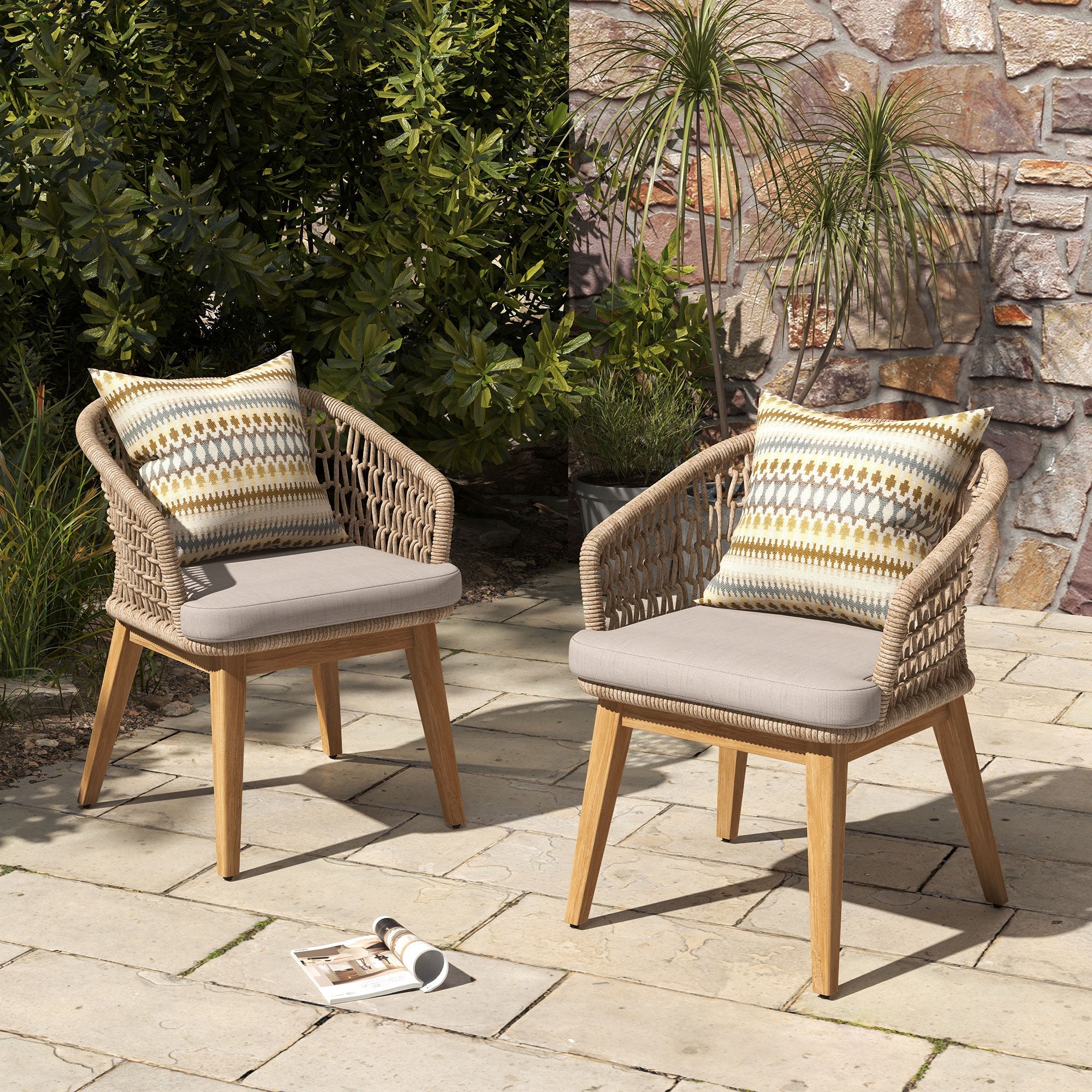 Noto 83" Wooden Patio Dining Set with Umbrella Hole for 6-8 People, Nylon Honeycomb Chairs