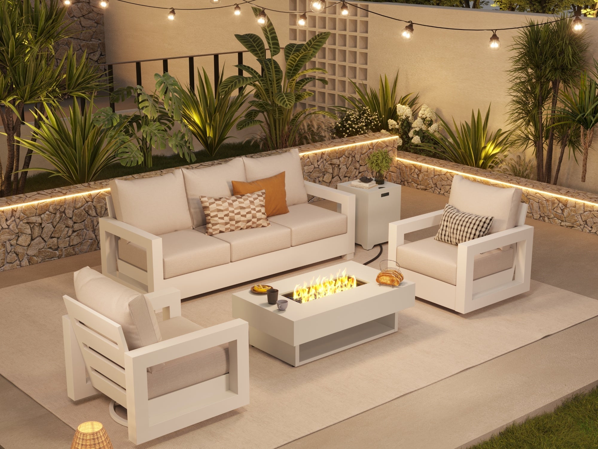 Vela Modern Aluminum Outdoor Sofa Set with Swivel Chairs, Light Beige Fire Pit,Linen Cushions