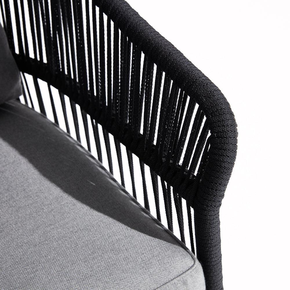 Wonder - Dining Chair, black rope design,smooth armrest, soft grey cushions,weather-resistant fabric,detailed view-Sunsitt Signature