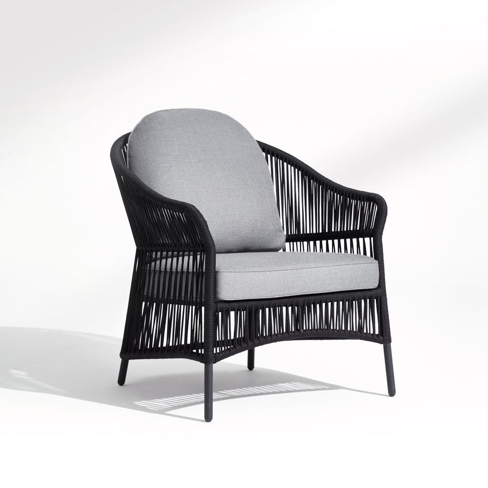 Wonder - lounge chair, black rope design, grey & Soft cushion,aluminum frame, sturdy aluminum frame,delicated rope design, right angle-Sunsitt Signature