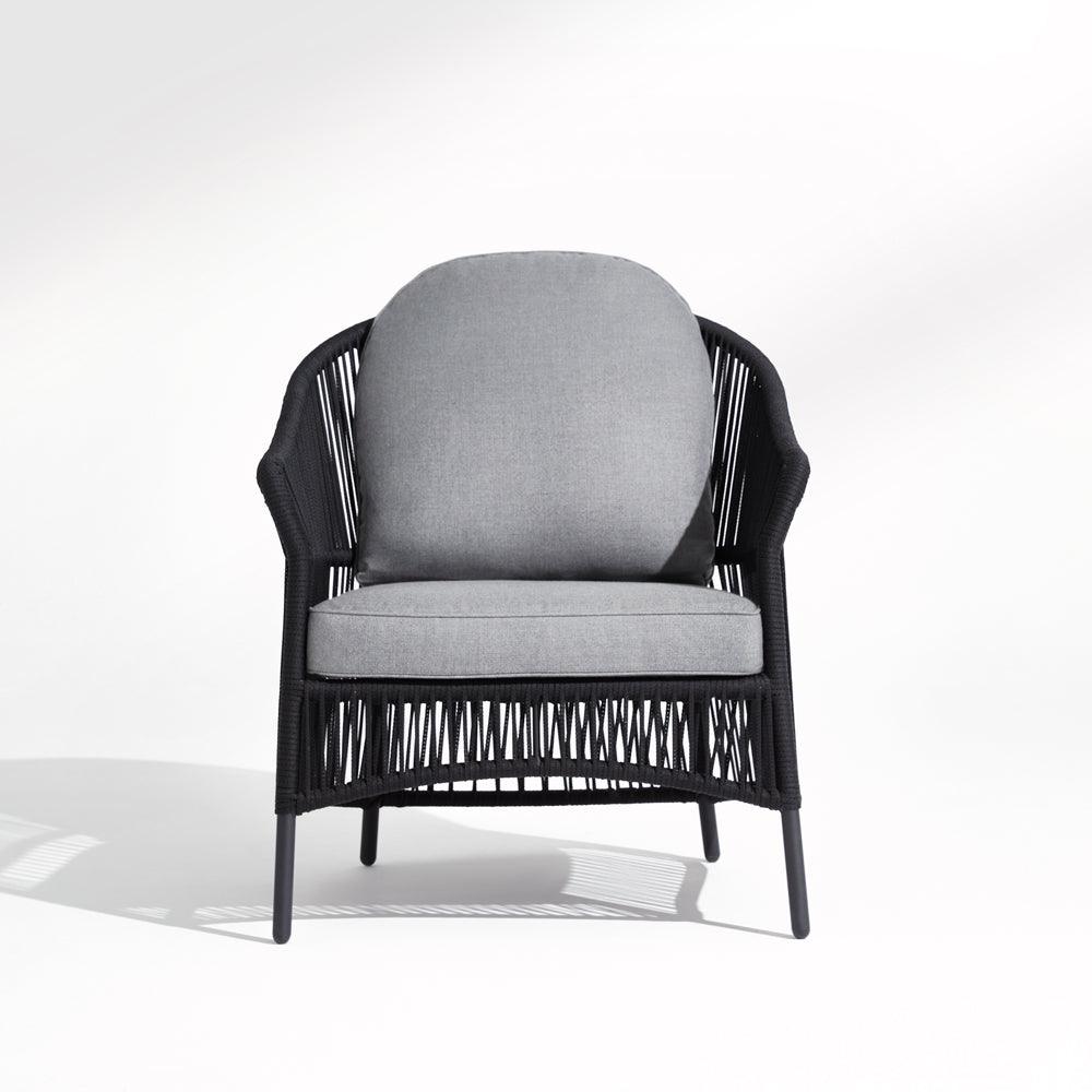 Wonder - lounge chair, black rope design, grey & Soft cushion,aluminum frame,white background, front view-Sunsitt Signature