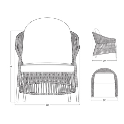 Wonder- Lounge chair, aluminum & rope design, grey finish,Dimension information- Sunsitt Signature 
