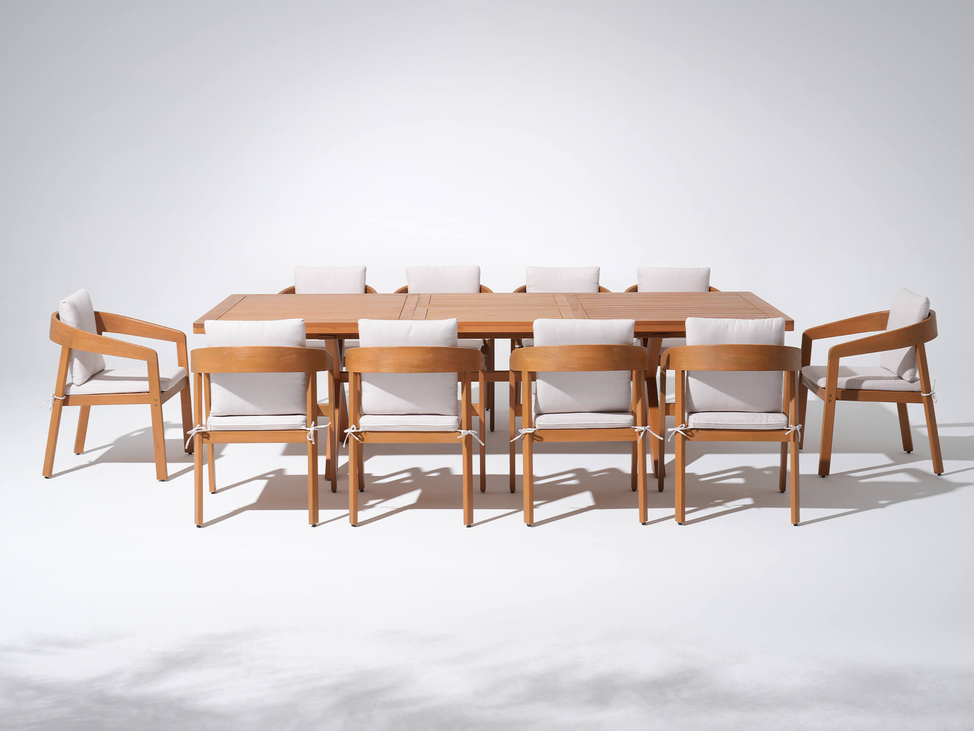 11pcs Eucalyptus Wooden dining table and chairs with white cushions  - Sunsitt’s Modern Premium Outdoor Furniture