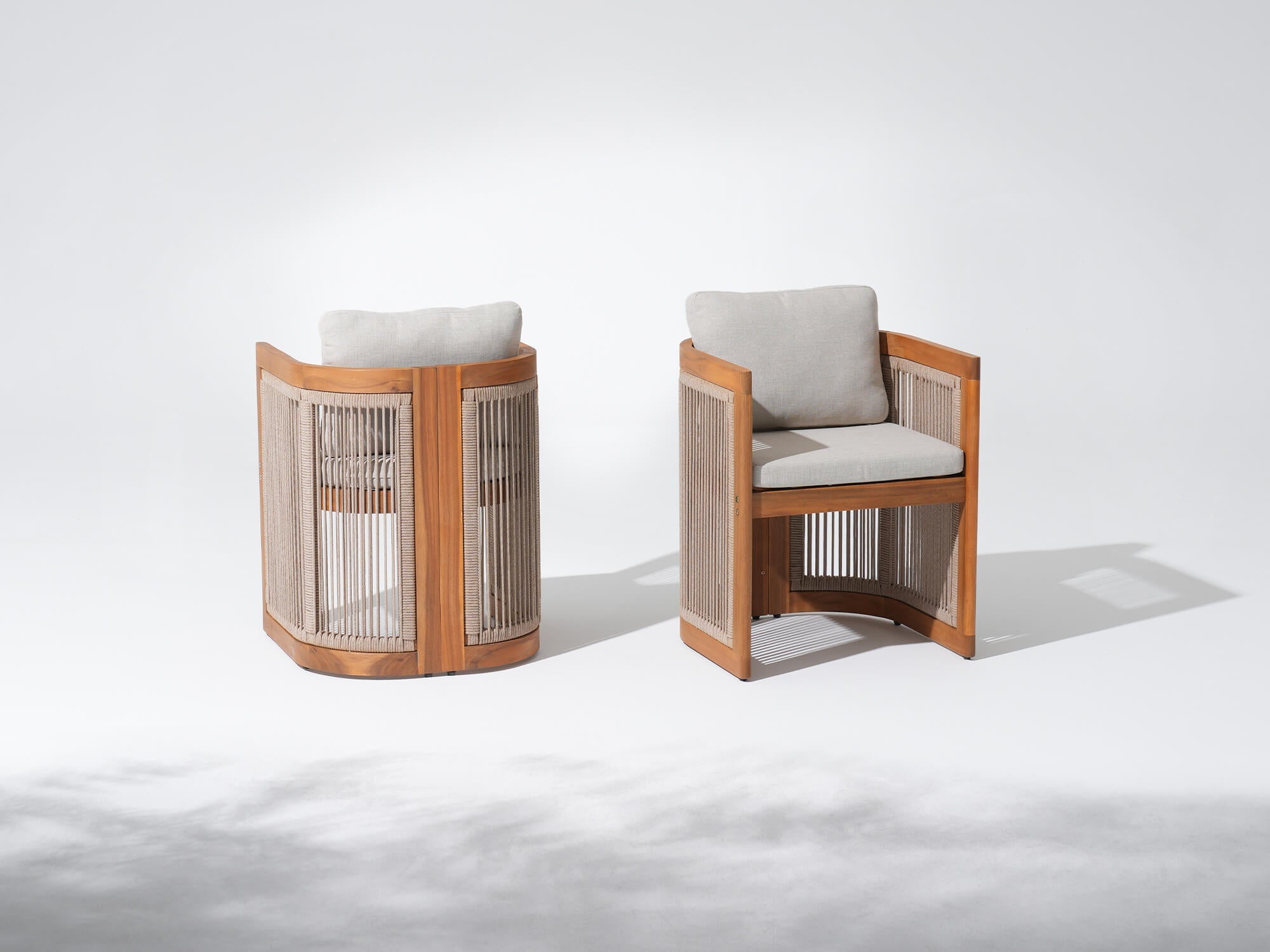 Two wooden chairs with rope backrests and cushions- Sunsitt Modern Premium Patio Outdoor Furniture